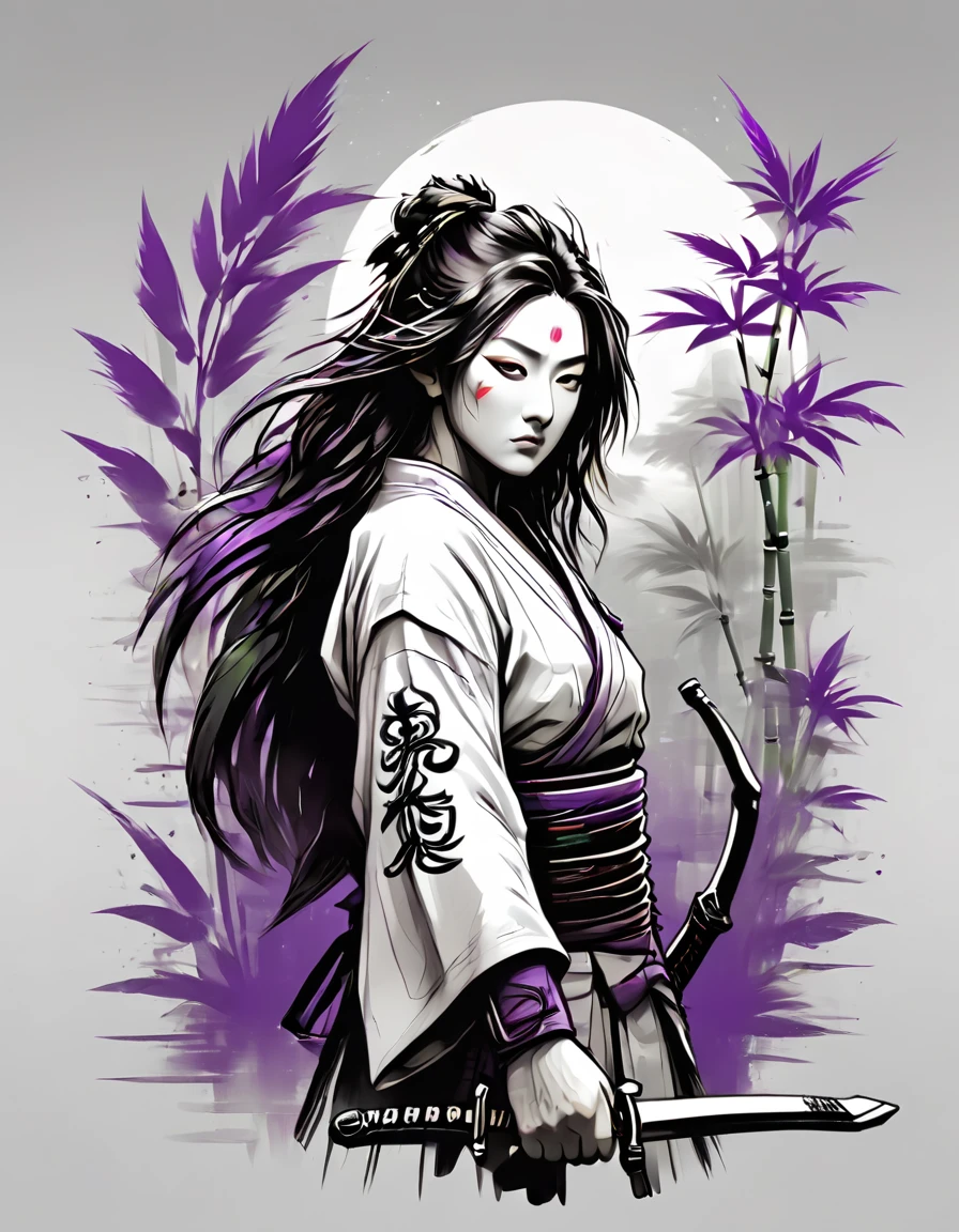 creative logo illustration black and white drawing of a long hair samurai holding a sword surrounded by green bamboo and purple ravens, combined the black and white drawing with the vibrant digital colors by dan mumford, jean pierre mong, alex janvier, frank frazetta, sketch, bold outlines, high definition, intricat details, vibrant colors, negative space, tshirts design