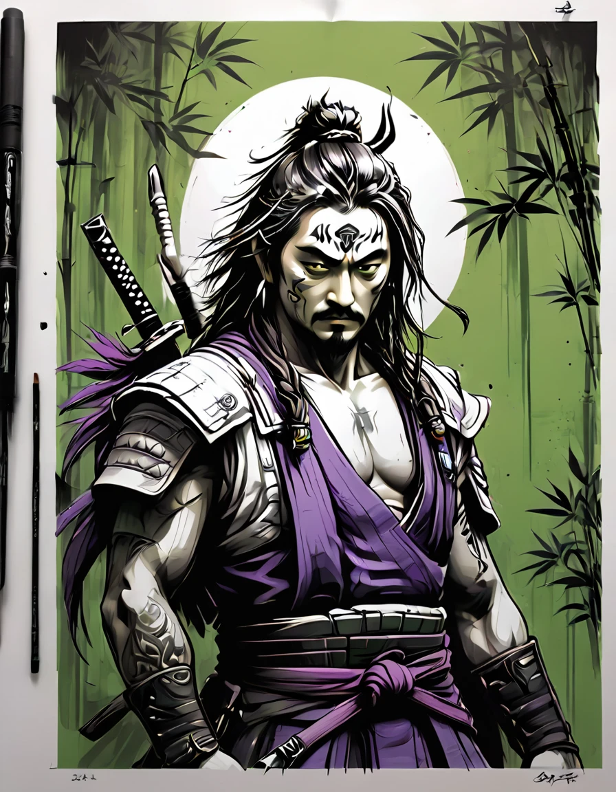 ilustração criativa de logotipo desenho em preto e branco de um samurai de cabelo comprido segurando uma espada cercado por bambu verde e corvos roxos, combinou o desenho em preto e branco com as cores digitais vibrantes de dan mumford, jean pierre mong, Alex janeiro, Frank Frazetta, esboço, Contornos em negrito, alta definição, detalhes intrincados, cores vibrantes, espaço negativo, design de camisetas