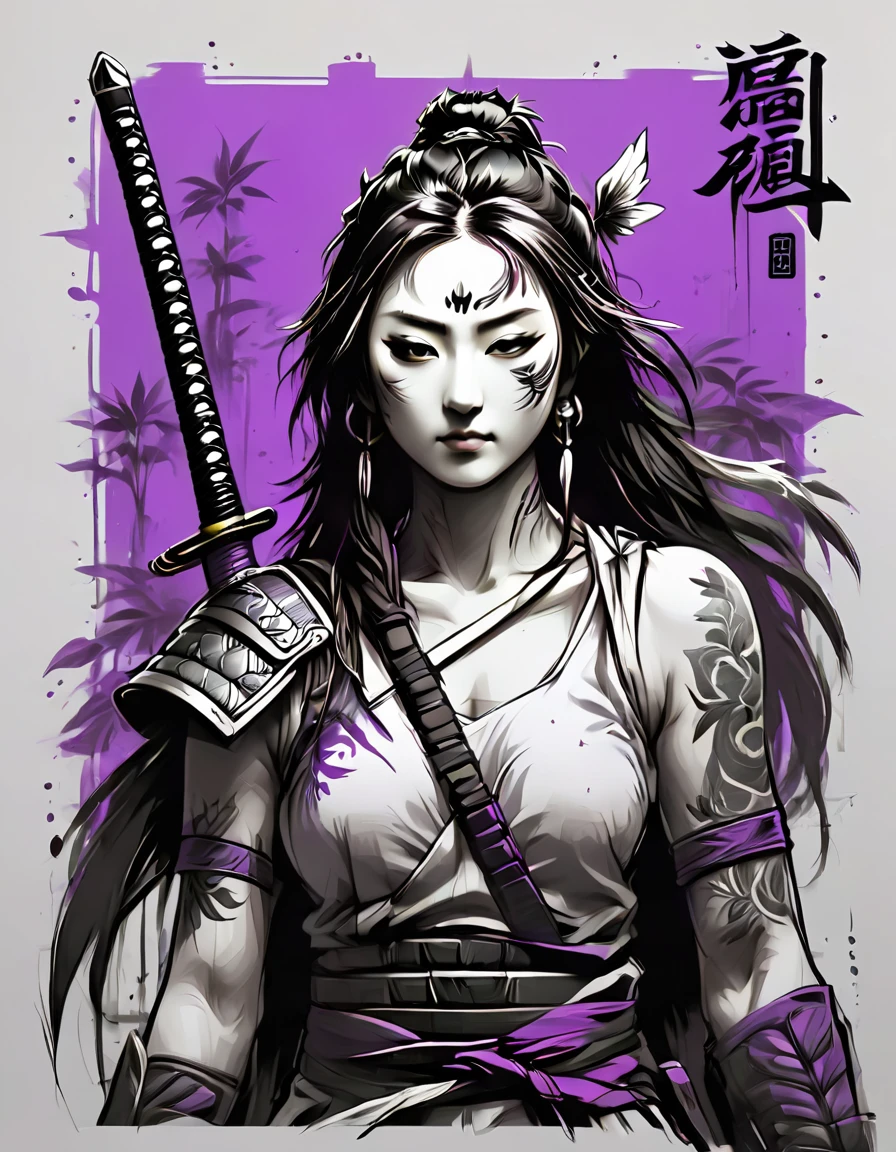 ilustração criativa de logotipo desenho em preto e branco de um samurai de cabelo comprido segurando uma espada cercado por bambu verde e corvos roxos, combinou o desenho em preto e branco com as cores digitais vibrantes de dan mumford, jean pierre mong, Alex janeiro, Frank Frazetta, esboço, Contornos em negrito, alta definição, detalhes intrincados, cores vibrantes, espaço negativo, design de camisetas