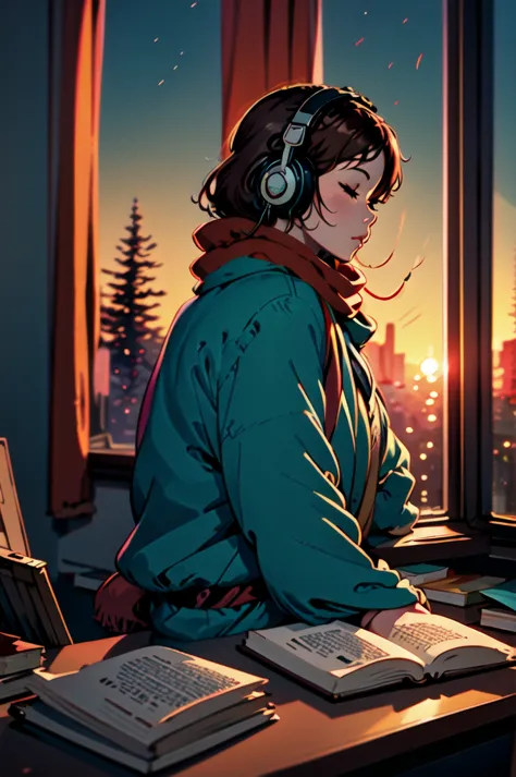 masterpiece, best illustration, ((anime)), 1girl, solo, headphones, brown hair, closed eyes, window, indoors, red scarf, sitting...