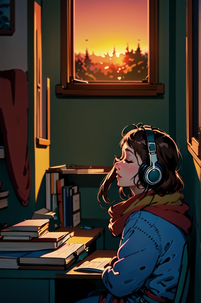 masterpiece, best illustration, ((anime)), 1girl, solo, headphones, brown hair, closed eyes, window, indoors, red scarf, sitting, tree, scarf, sweater, short hair, desk, sunset, book, from side, blurry