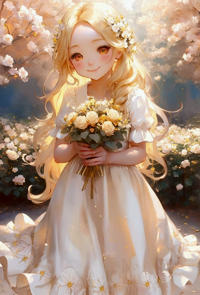 1girl,chibi,cute,long hair,bright blonde hair,shining golden eyes,rose garden,flowery dress,sunlight,smiling,happy,roses