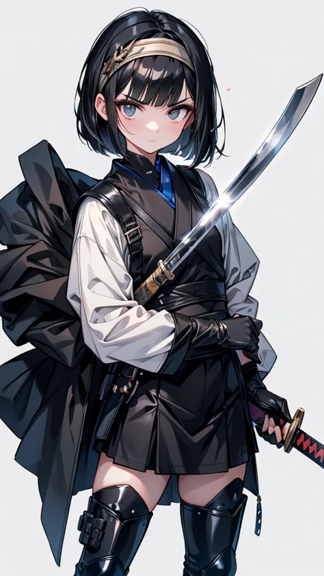 mature　bobcut　black hair　expensive　narrow eyes　glaring at me　glare　frivolous attitude　black sailor suit　armor　wear a headband ar...