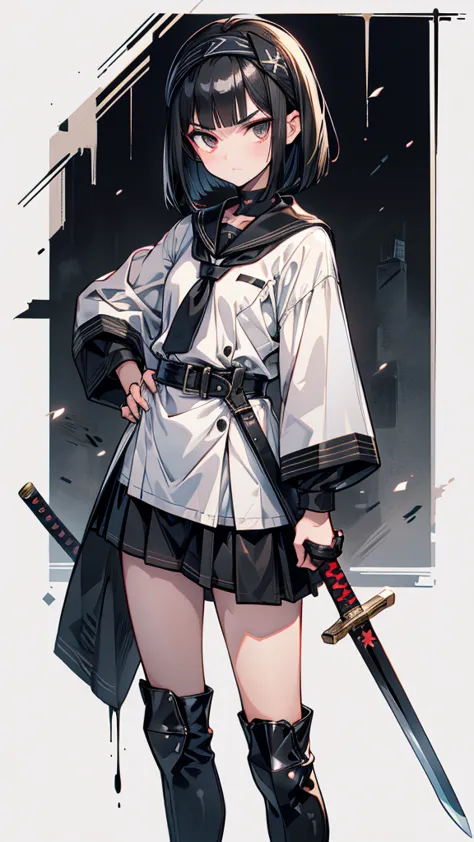 mature　bobcut　black hair　expensive　narrow eyes　glaring at me　glare　frivolous attitude　black sailor suit　armor　wear a headband ar...