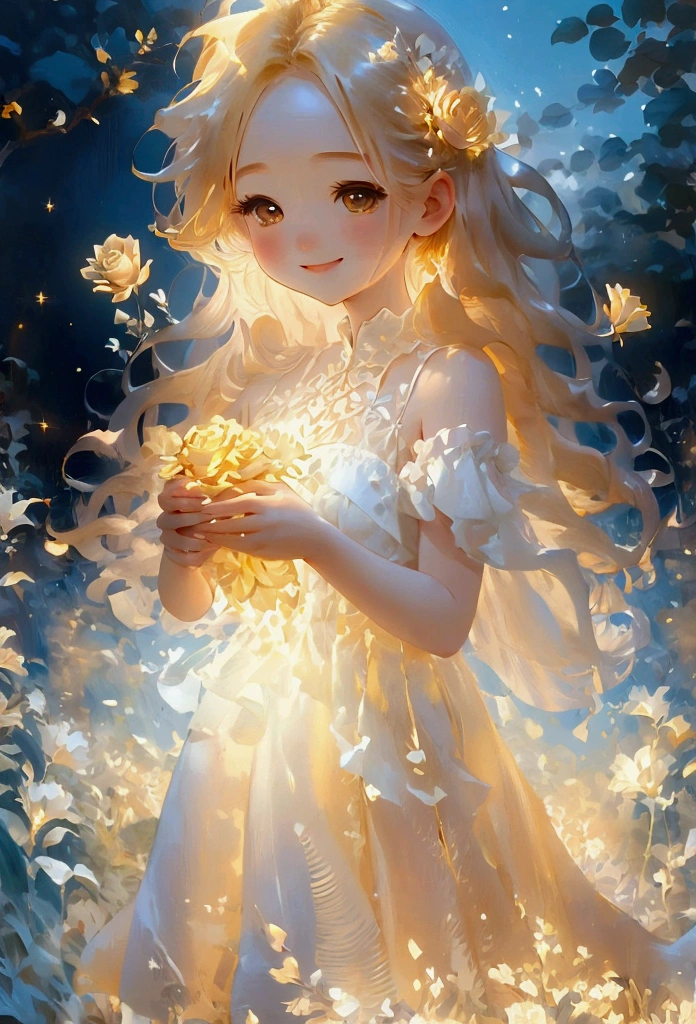 1 cute chibi girl, long bright golden blonde hair, shining golden eyes, rose garden, floral dress, sunlight, smiling, happy, rose