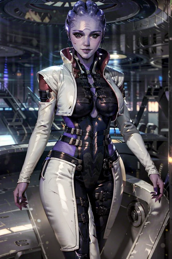 (masterpiece, best quality:1.3) MEAria, Christina Chong beautiful face, narrowed eyes. smirk. black braided hair,, solo, alien, breasts, looking at viewer, smile, medium breasts, standing, full body, high heels, alien, lips, hand on hip, bodysuit, colored skin, cropped jacket, nose, bald, purple skin, purple lips, spotlight
