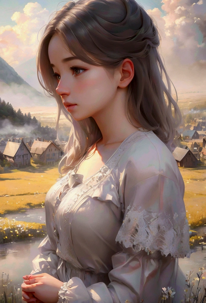 Girl 1_Upper body close up angle, mystical meadow with several houses, endless paved road, cranes flying between misty mountains, oil painting style (best quality, 4k, 8k, high resolution, masterpiece: 1.2), highly detailed (realistic, realistic, realistic: 1.4), dramatic lighting, dramatic contrast, vivid colors, cinematic composition, intricate details, serene atmosphere