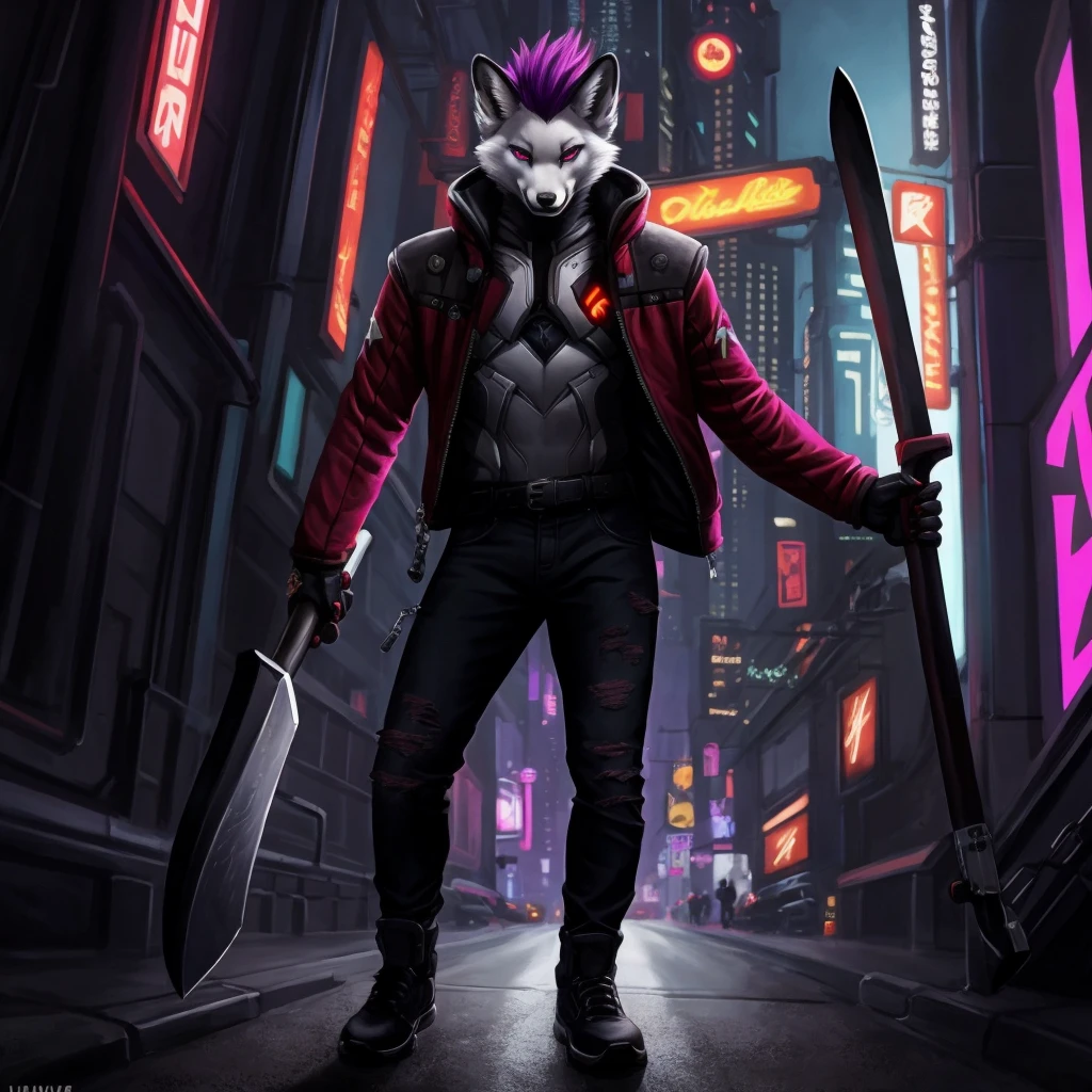 Red fox, Red body, red fur, Purple hair ontop its head, purple eyes, red tail with white tip, Fox ears red with white insides, black greyish tipped fox ears,
Black greyish front arms, black greyish lower legs,
Male, detailed eyes, long Fluffy tail, smiling, Tight jeans,
holding cyberpunk styled axe its a big one, ((only 1 male)),
masterpiece, best quality, soft light, Intricate details, Soft lines, 16K,modern,
Full body view single person

