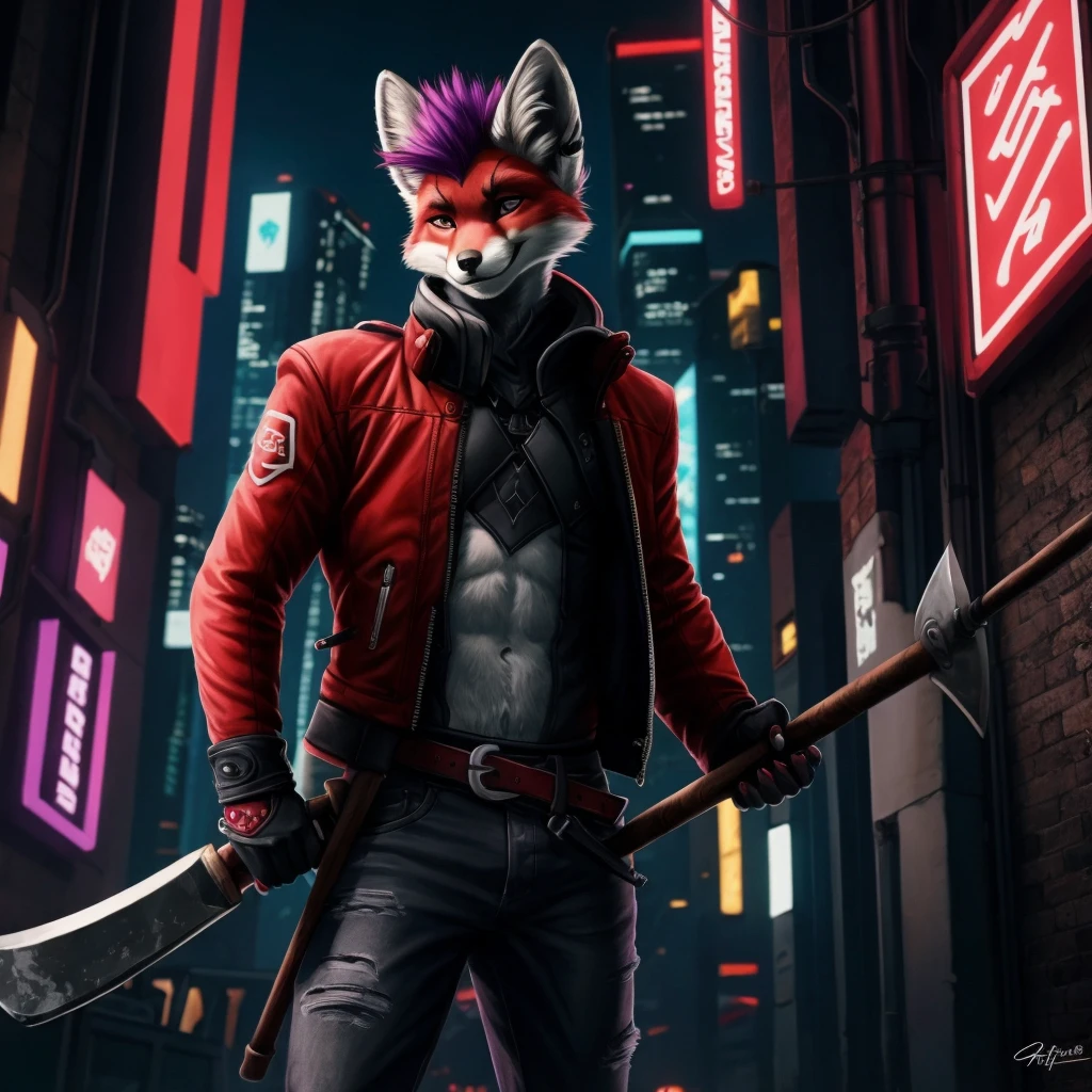 Red fox, Red body, red fur, Purple hair ontop its head, purple eyes, red tail with white tip, Fox ears red with white insides, black greyish tipped fox ears,
Black greyish front arms, black greyish lower legs,
Male, detailed eyes, long Fluffy tail, smiling, Tight jeans,
holding cyberpunk styled axe its a big one, ((only 1 male)),
masterpiece, best quality, soft light, Intricate details, Soft lines, 16K,modern,
Full body view single person, (((red body)))

