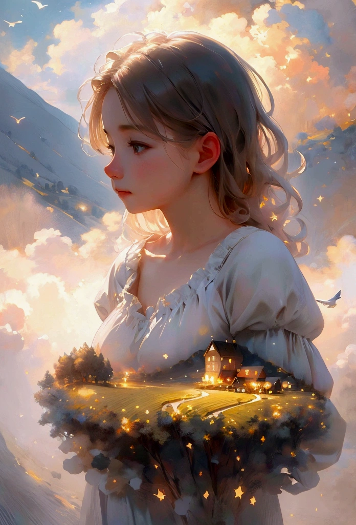 Girl 1_Upper body close up angle, mystical meadow with several houses, endless paved road, cranes flying between misty mountains, oil painting style (best quality, 4k, 8k, high resolution, masterpiece: 1.2), highly detailed (realistic, realistic, realistic: 1.4), dramatic lighting, dramatic contrast, vivid colors, cinematic composition, intricate details, serene atmosphere