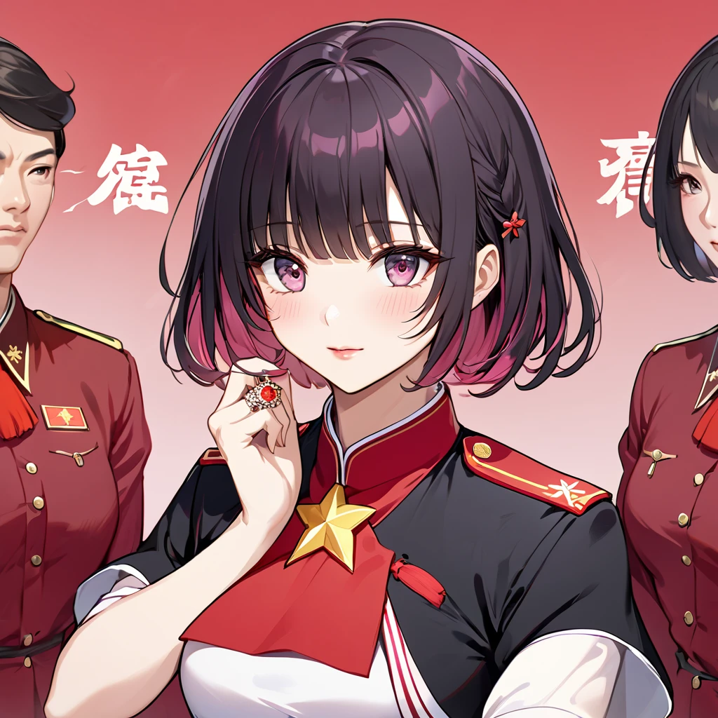 ((Highest quality)), ((masterpiece)), (detailed), （Perfect Face）、The woman is Chinese Momo Belia Deviluke, a Chinese woman with pink short bob hair and an engagement ring. She has become a member of the glorious Chinese Communist Party and swears absolute loyalty to the Chinese Communist Party. She is a righteous Communist Party member of China.、The woman is wearing the fine uniform of a Chinese Communist Party member.、For the sake of China, their hairstyles, clothes, and everything they wear are all Chinese Communist Party items, and their thoughts are also Chinese, becoming great Chinese in body and mind.、The woman became Momo Belia Deviluke, a Chinese woman who was proud of and loved China.、She is serving China as a member of the great Communist Party of China.、The woman is a beautiful, respectable and exemplary Communist Party member.