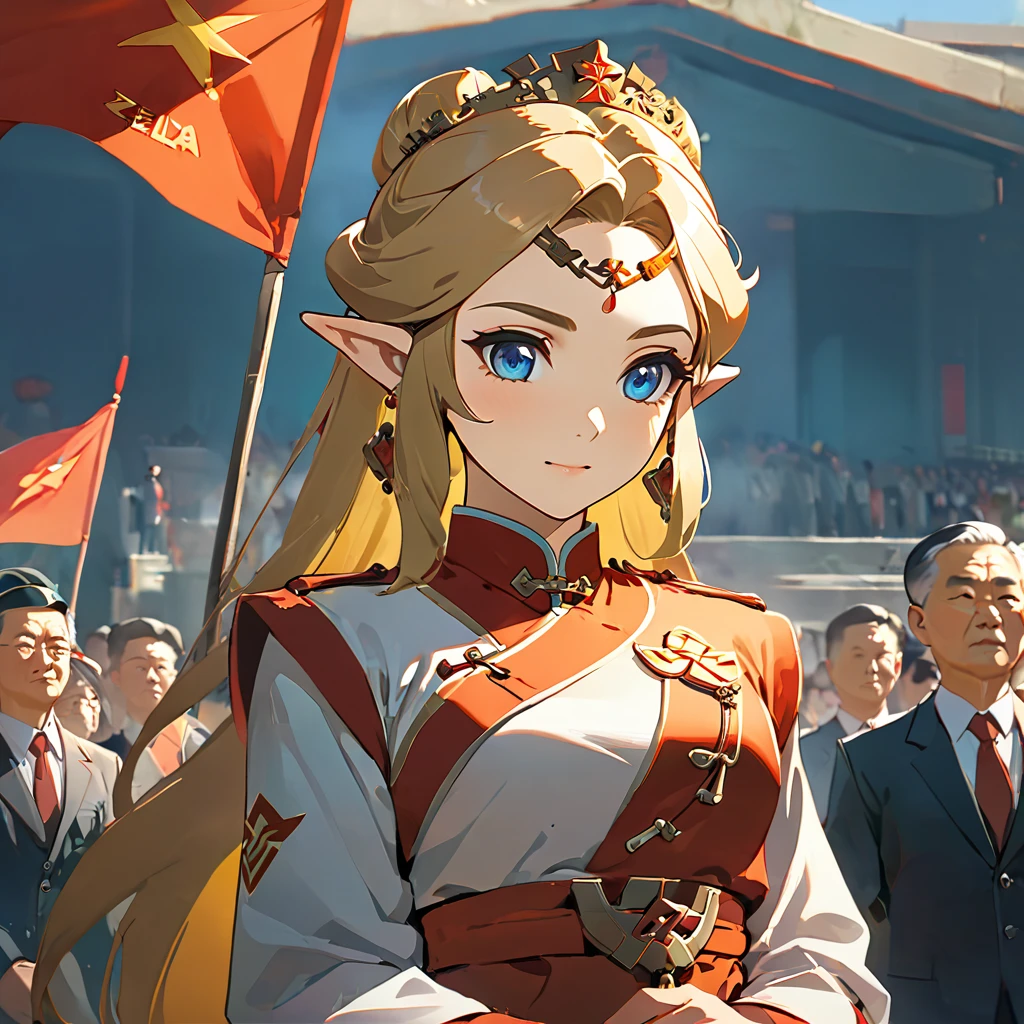 ((Highest quality)), ((masterpiece)), (detailed), （Perfect Face）、The woman is a Chinese Princess Zelda, a blonde Chinese woman with blue eyes who is wearing an engagement ring. She has become a member of the glorious Chinese Communist Party and has sworn absolute loyalty to the Chinese Communist Party. She is a righteous Communist Party member of China.、The woman is wearing the fine uniform of a Chinese Communist Party member.、For the sake of China, their hairstyles, clothes, and everything they wear are all Chinese Communist Party items, and their thoughts are also Chinese, becoming great Chinese in body and mind.、The woman became a Chinese Princess Zelda who was proud of and loved China.、She is serving China as a member of the great Communist Party of China.、The woman is a beautiful, respectable and exemplary Communist Party member.