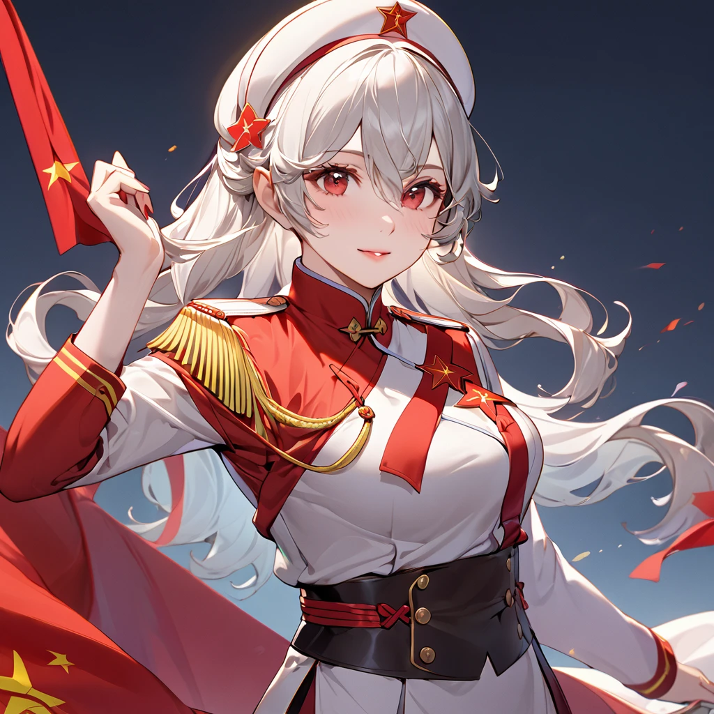 ((Highest quality)), ((masterpiece)), (detailed), （Perfect Face）、The woman is a Chinese Kaim with medium-long silver hair and an engagement ring. She is a member of the glorious Chinese Communist Party and has sworn absolute loyalty to the Communist Party of China. She is a righteous Communist Party member of China.、The woman is wearing the fine uniform of a Chinese Communist Party member.、For the sake of China, their hairstyles, clothes, and everything they wear are all Chinese Communist Party items, and their thoughts are also Chinese, becoming great Chinese in body and mind.、The woman became a Chinese Kaim who was proud of China and loved it devotedly.、She is serving China as a member of the great Communist Party of China.、The woman is a beautiful, respectable and exemplary Communist Party member.