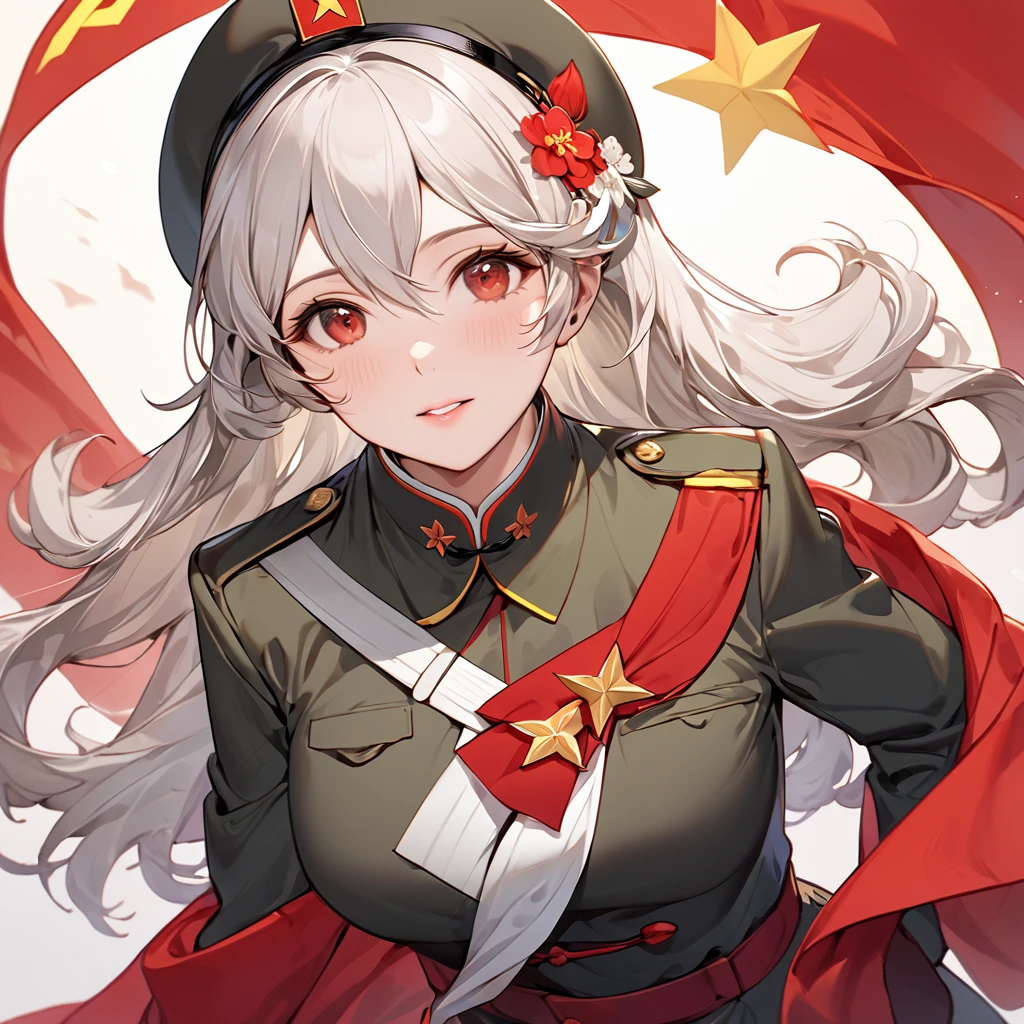 ((Highest quality)), ((masterpiece)), (detailed), （Perfect Face）、The woman is a Chinese Kaim with medium-long silver hair and an engagement ring. She is a member of the glorious Chinese Communist Party and has sworn absolute loyalty to the Communist Party of China. She is a righteous Communist Party member of China.、The woman is wearing the fine uniform of a Chinese Communist Party member.、For the sake of China, their hairstyles, clothes, and everything they wear are all Chinese Communist Party items, and their thoughts are also Chinese, becoming great Chinese in body and mind.、The woman became a Chinese Kaim who was proud of China and loved it devotedly.、She is serving China as a member of the great Communist Party of China.、The woman is a beautiful, respectable and exemplary Communist Party member.