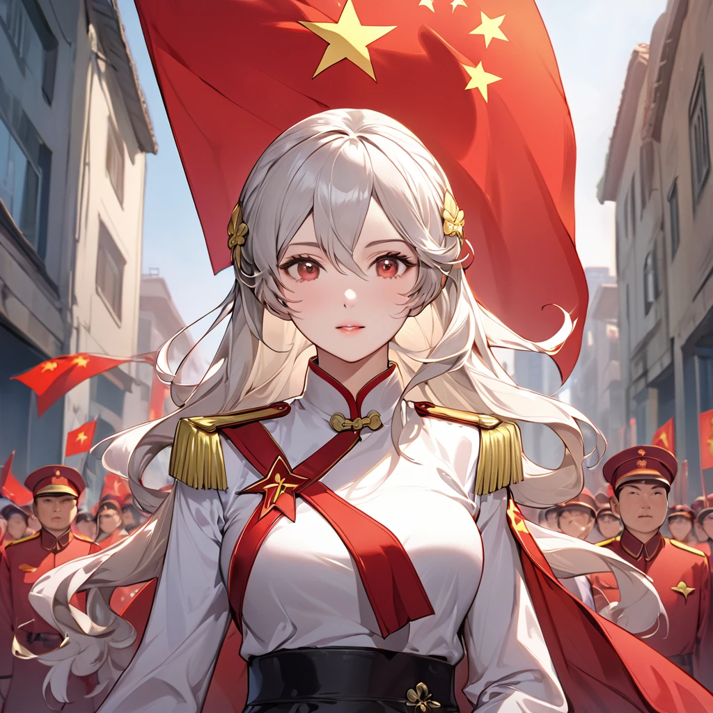 ((Highest quality)), ((masterpiece)), (detailed), （Perfect Face）、The woman is a Chinese Kaim with medium-long silver hair and an engagement ring. She is a member of the glorious Chinese Communist Party and has sworn absolute loyalty to the Communist Party of China. She is a righteous Communist Party member of China.、The woman is wearing the fine uniform of a Chinese Communist Party member.、For the sake of China, their hairstyles, clothes, and everything they wear are all Chinese Communist Party items, and their thoughts are also Chinese, becoming great Chinese in body and mind.、The woman became a Chinese Kaim who was proud of China and loved it devotedly.、She is serving China as a member of the great Communist Party of China.、The woman is a beautiful, respectable and exemplary Communist Party member.