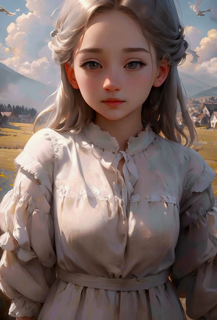 girl 1_Upper body close-up angle, Mysterious meadow with several houses, Endless paved road, Cranes flying between foggy mountains, Oil painting style (best quality, 4K, 8k, high resolution, masterpiece: 1.2), very detailed (realistic, realistic, realistic: 1.4), dramatic lighting, dramatic contrast, vivid colors, cinematic composition, intricate details, tranquil atmosphere