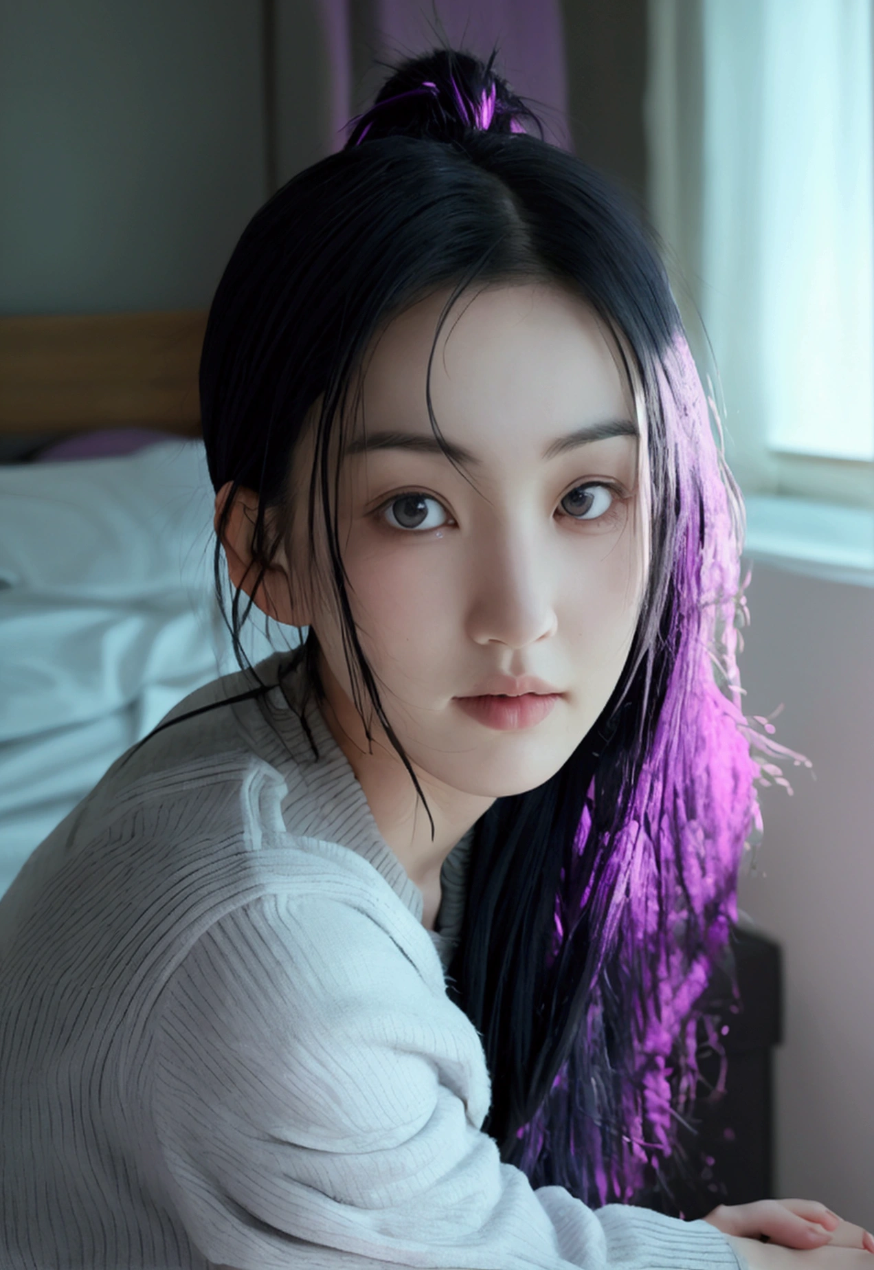 ultra realistic photo of emma, white asiatic, (purple and black hair), in her room, (((wearing a big black pull))), ((no blurry)), detailled backgground, high resolution, face detail