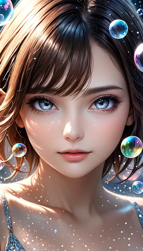 beautiful woman, portrait, shading effects, gradation magic effects, glitter effects, soap bubbles effects, foggy filter effect,...