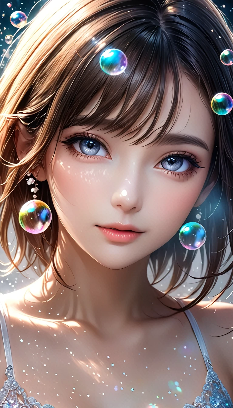 beautiful woman, portrait, shading effects, gradation magic effects, glitter effects, soap bubbles effects, foggy filter effect, (ultra detailed, absolutely resolution, best quality:1.3), 2.5D, delicate and dynamic, artistic photography, hyper realistic, graphic CG digital art