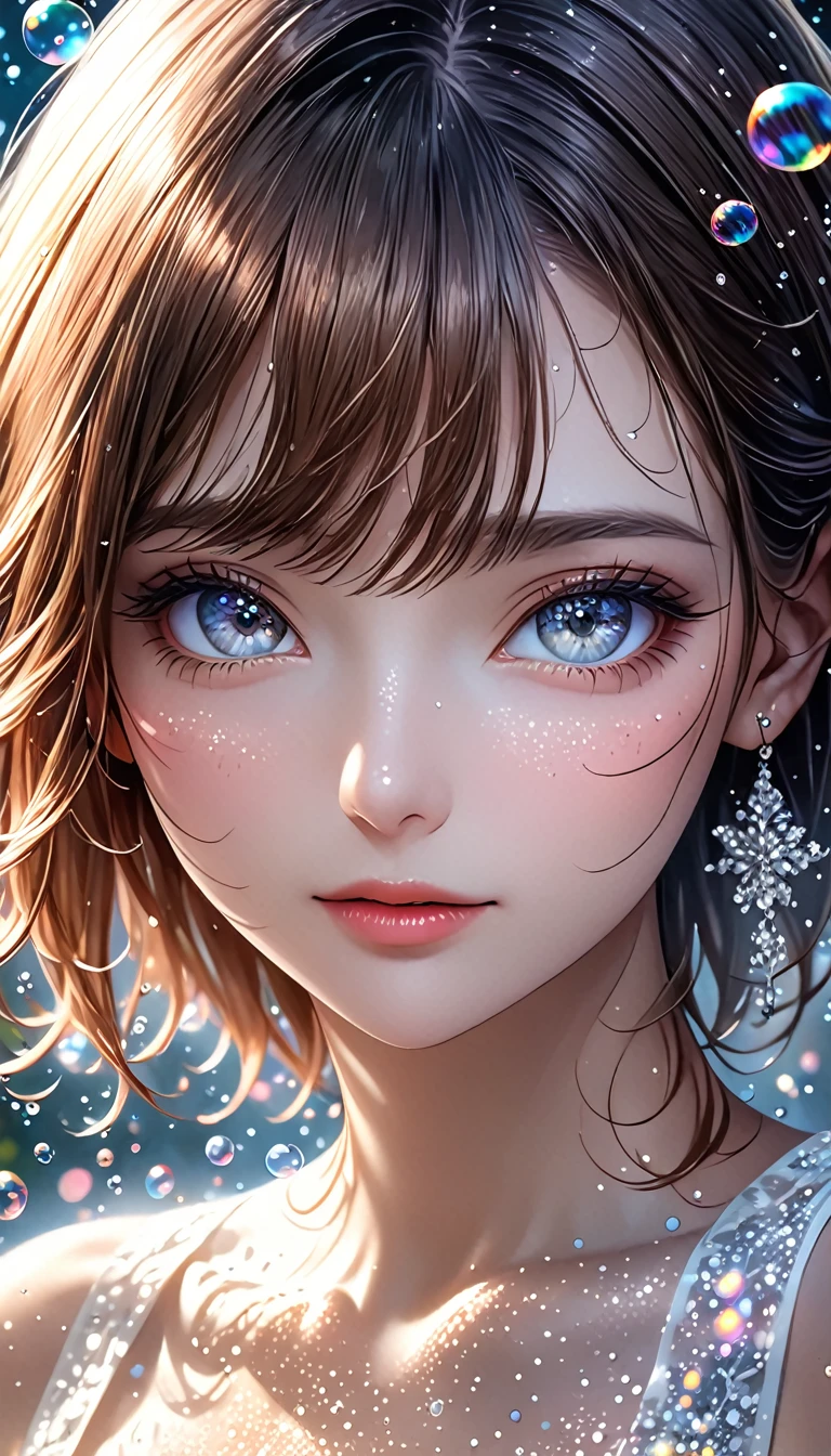 beautiful woman, portrait, shading effects, gradation magic effects, glitter effects, soap bubbles effects, foggy filter effect, (ultra detailed, absolutely resolution, best quality:1.3), 2.5D, delicate and dynamic, artistic photography, hyper realistic, graphic CG digital art