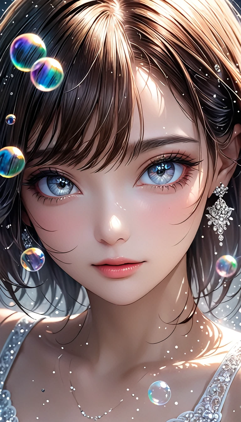 beautiful woman, portrait, shading effects, gradation magic effects, glitter effects, soap bubbles effects, foggy filter effect, (ultra detailed, absolutely resolution, best quality:1.3), 2.5D, delicate and dynamic, artistic photography, hyper realistic, graphic CG digital art