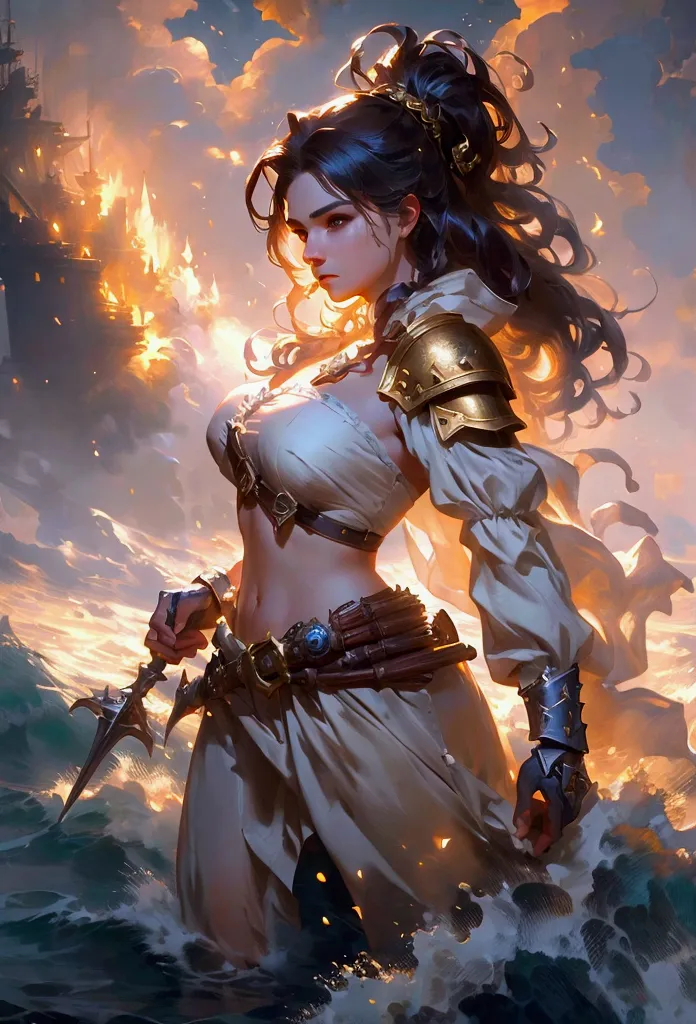 (pirate female warrior close-up angle_sharp charisma, holding a white and gold shield), epic battle between pirates, volumetric ...