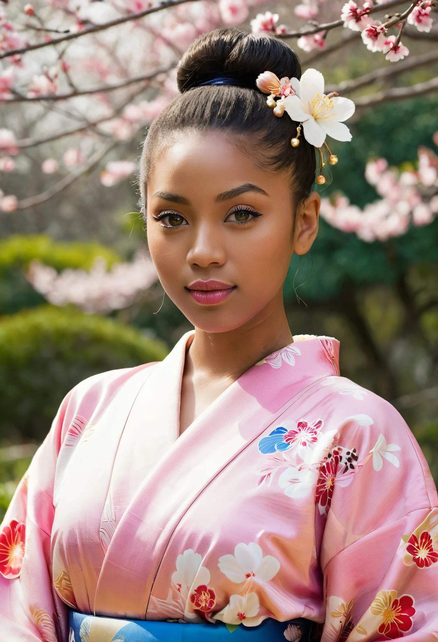 Front view , (standing on garden),  looking at viewer, a American Black  girl,  beautiful American Black Young  girl is 30 years old, (Highly detailed face, Blond hair , chignon fringe, Blue eye, Variegated eyes, Fuller lips, little Lips, little smile), (big breasts, big hip), (Japanese kimono, flower pattern), standing in Japanese Palace, near Garden, sunrise ,(masterpiece, Highest quality, masterpiece, God-like quality, Godly art, Very realistic)
