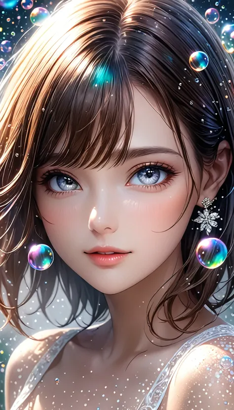 beautiful woman, portrait, shading effects, gradation magic effects, glitter effects, soap bubbles effects, foggy filter effect,...