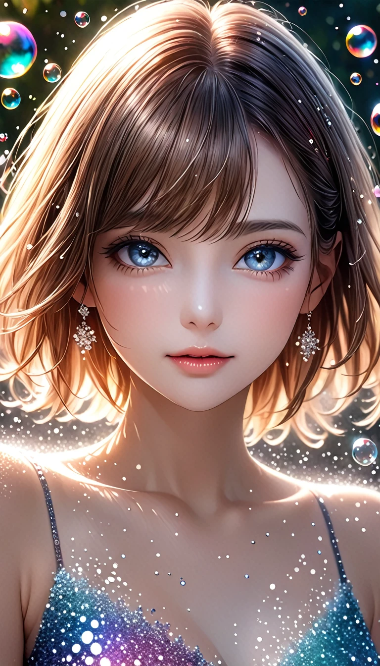 beautiful woman, portrait, shading effects, gradation magic effects, glitter effects, soap bubbles effects, foggy filter effect, (ultra detailed, absolutely resolution, best quality:1.3), 2.5D, delicate and dynamic, artistic photography, hyper realistic, graphic CG digital art