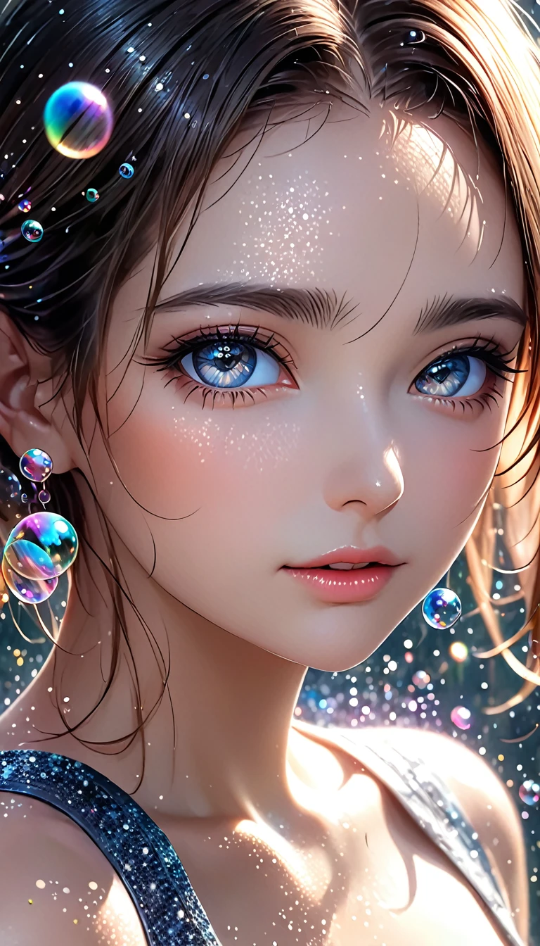 beautiful woman, portrait, shading effects, gradation magic effects, glitter effects, soap bubbles effects, foggy filter effect, (ultra detailed, absolutely resolution, best quality:1.3), 2.5D, delicate and dynamic, artistic photography, hyper realistic, graphic CG digital art