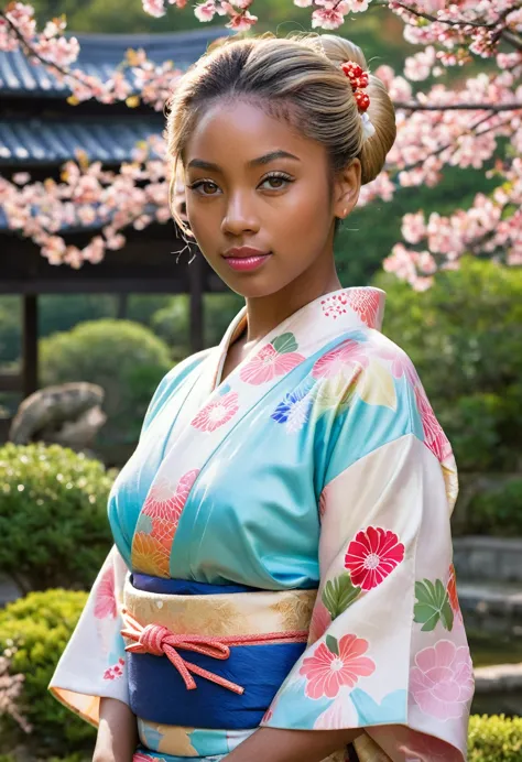 front view , (standing on garden),  looking at viewer, a american black  girl,  beautiful american black young  girl is 30 years...