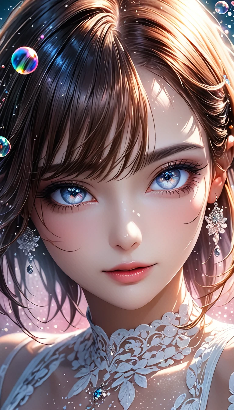 beautiful woman with seductionin her eyes, portrait, shading effects, gradation magic effects, glitter effects, soap bubbles effects, foggy filter effect, (ultra detailed, absolutely resolution, best quality:1.3), 2.5D, delicate and dynamic, artistic photography, hyper realistic, graphic CG digital art