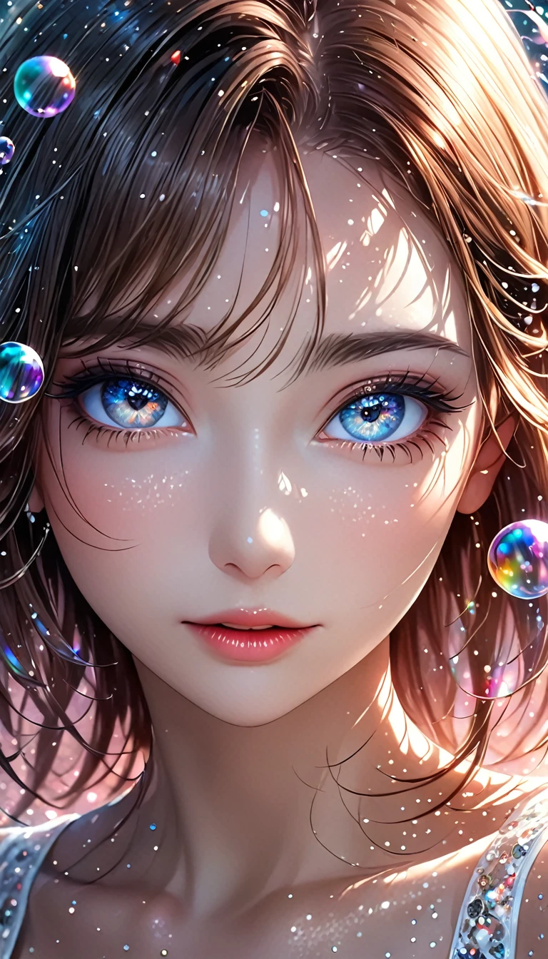 beautiful woman with seductionin her eyes, portrait, shading effects, gradation magic effects, glitter effects, soap bubbles effects, foggy filter effect, (ultra detailed, absolutely resolution, best quality:1.3), 2.5D, delicate and dynamic, artistic photography, hyper realistic, graphic CG digital art