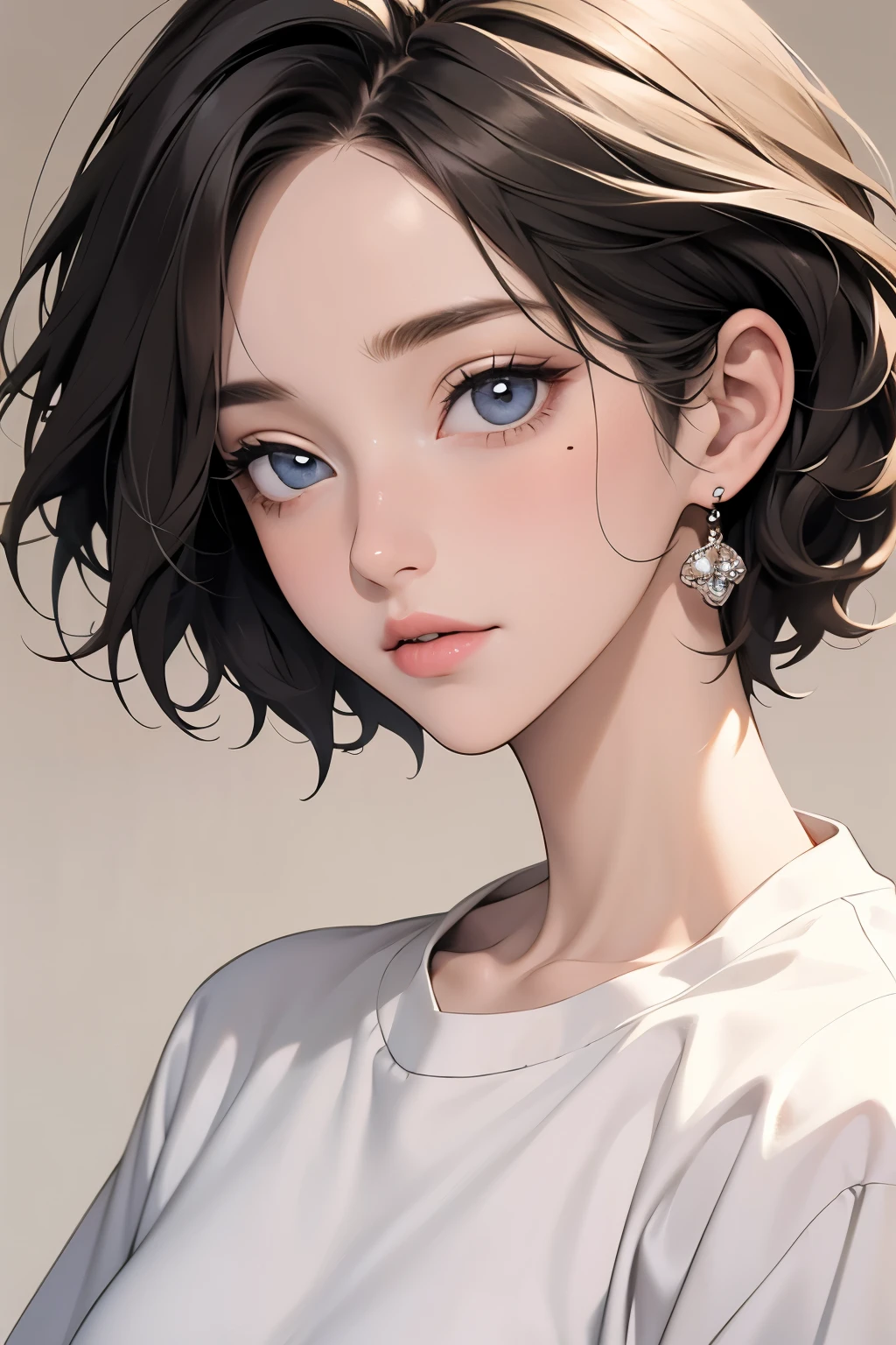 Cut and sewn tops T-shirt Deep U-neck Plain Thin Slimming, short curly black hair, detailed eyes, detailed face, detailed skin, sidelong glance, narrow eyes, gentle expression, casual background, mole under eye