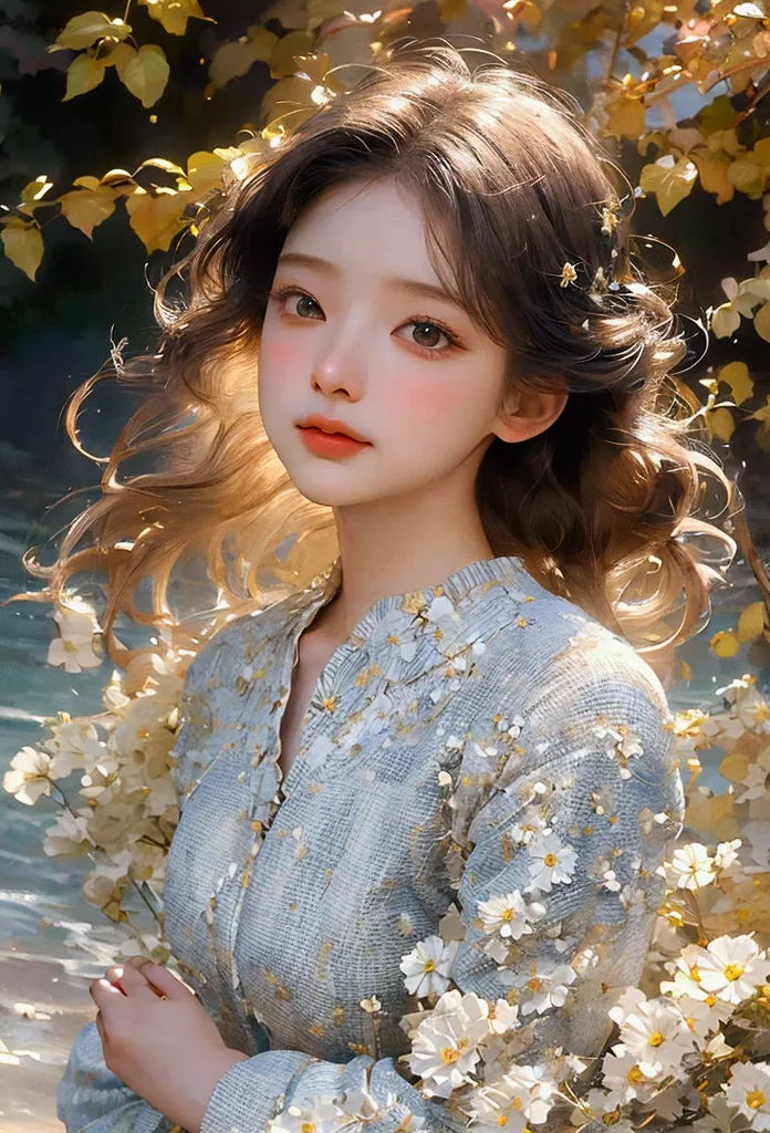 a girl looking down, wind, particles, intricate and detailed natural background, bright mood, upper body, (best quality, masterp...