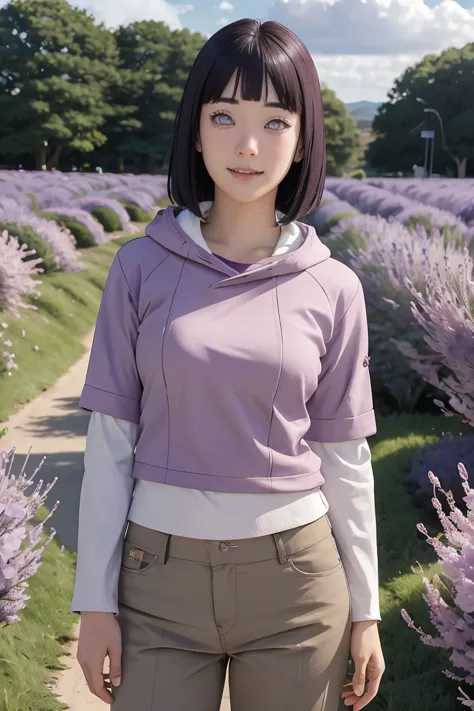 masterpiece, absurdres, hinata\(boruto\), 1girl, solo,mature female, purple hoodie,layered sleeves, brown pants,  outdoors,laven...