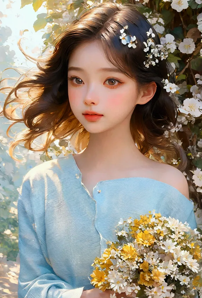 a girl looking down, wind, particles, intricate and detailed natural background, bright mood, upper body, (best quality, masterp...