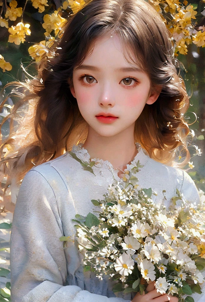 a girl looking down, wind, particles, intricate and detailed natural background, bright mood, upper body, (best quality, masterpiece:1.2), 1girl, detailed eyes, detailed lips, extremely detailed face, long eyelashes, wind blowing hair, serene expression, colorful flowers, lush foliage, sunlight filtering through leaves, warm color palette, soft lighting, cinematic composition, photorealistic, intricate details