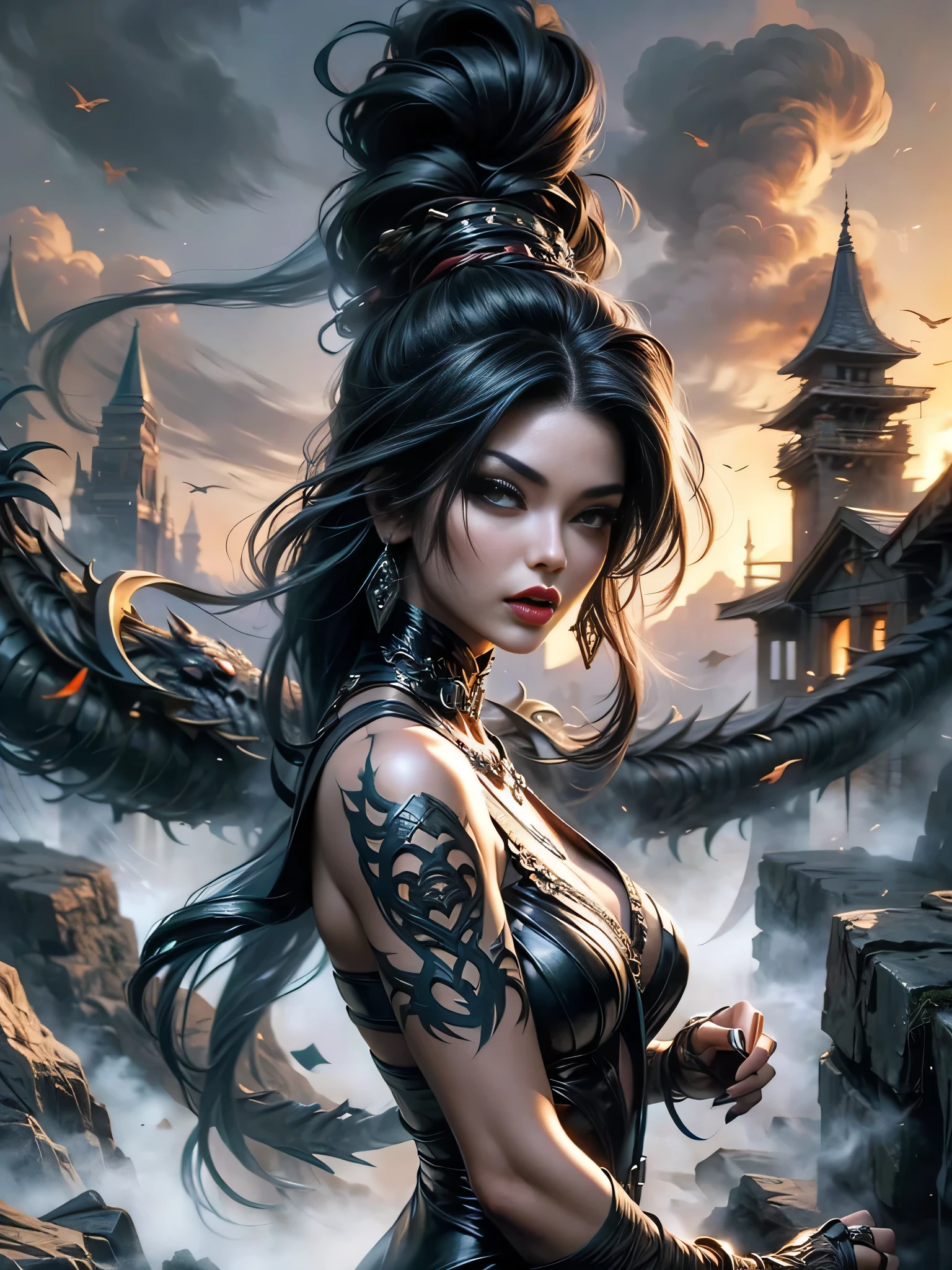 A beautiful slender female demon with beautiful expressive black eyes, very long, flowing black hair, and a sensual mouth. A dark and rocky canyon, ao longe, Ao fundo, you can see an old castle and dragons flying over it. A beautiful painting by Luis Royo, thin-lines, High definition, lot of details.