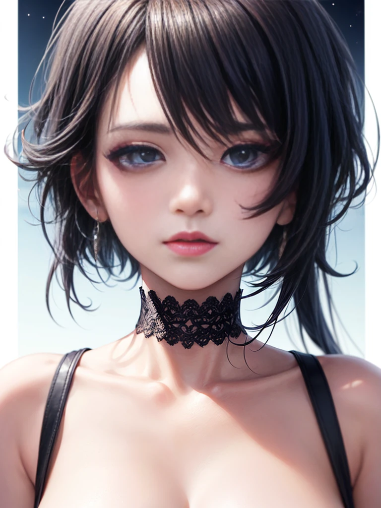 Depth of bounds written, detailed eye, ((CG illustration)), ((face focus)), ((masterpiece)), ((8K)), ((super detailed)), ((Super high quality)), ((cinematic)), ((Photoreal)), ((close up shot)), (solo), (cool girl), very long hair, straight hair, (((thin body))), Glossy skin, ((look away)), (Beautiful goth girl with high cheeks and legs), Gothic makeup, clear eyes, lipstick, dark eye shadow, ((No bra)), choker, earrings, provoke, night, ((full moon)), ((Functional)), Lonely, Visual kei, ((pastel colour)), Unwound clothes, forget, kiss, White Knight, dark, silence