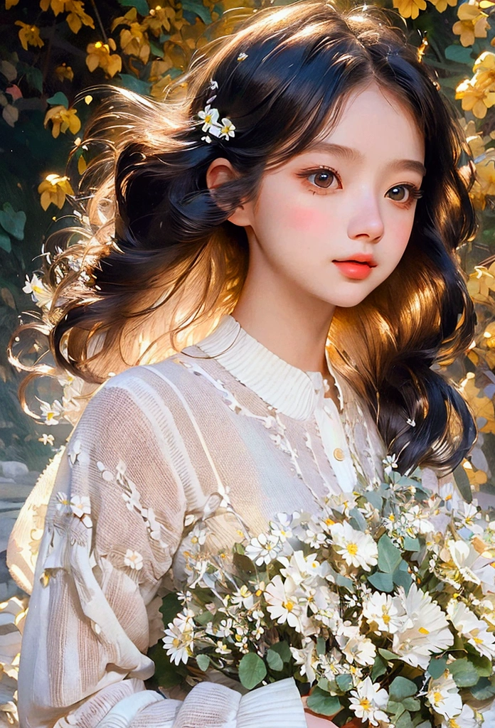 a girl looking down, wind, particles, intricate and detailed natural background, bright mood, upper body, (best quality, masterpiece:1.2), 1girl, detailed eyes, detailed lips, extremely detailed face, long eyelashes, wind blowing hair, serene expression, colorful flowers, lush foliage, sunlight filtering through leaves, warm color palette, soft lighting, cinematic composition, photorealistic, intricate details