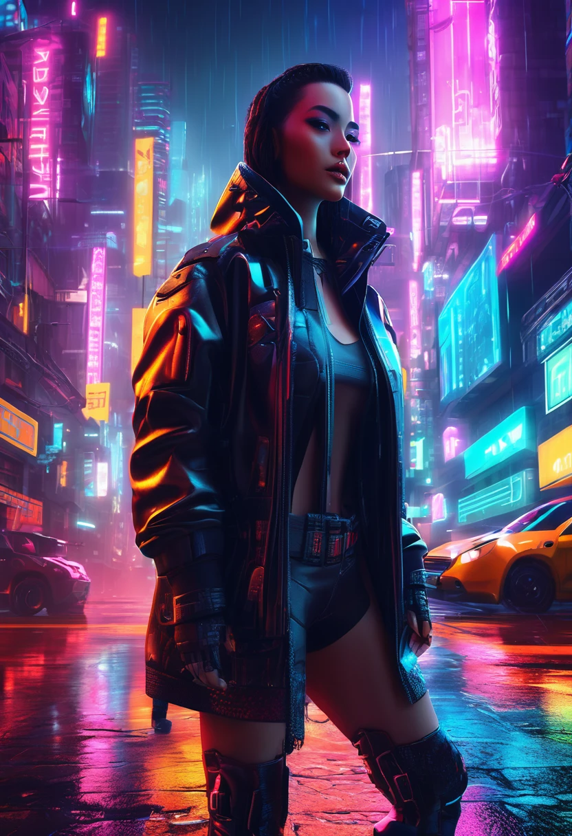 Create a cyberpunk-inspired background with neon-lit cityscapes, flying vehicles, and a rainy, reflective surface.