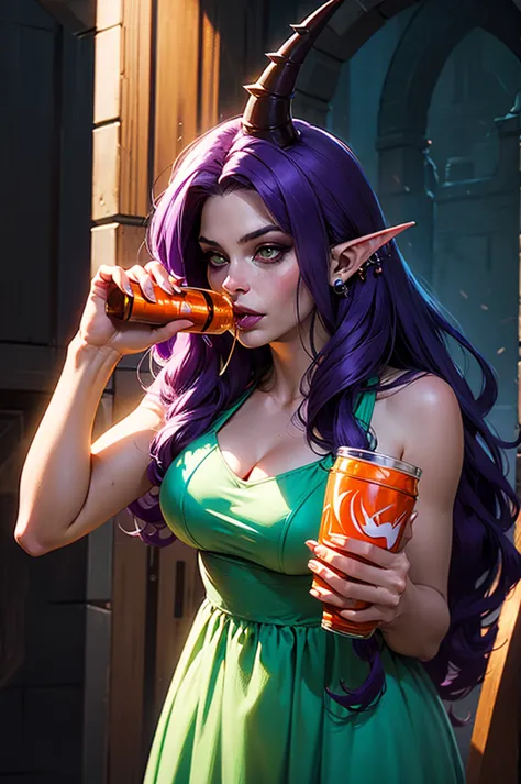 anime girl with purple hair and piercings drinking from a cup, commission for high res, elf girl, anime girl drinks energy drink...