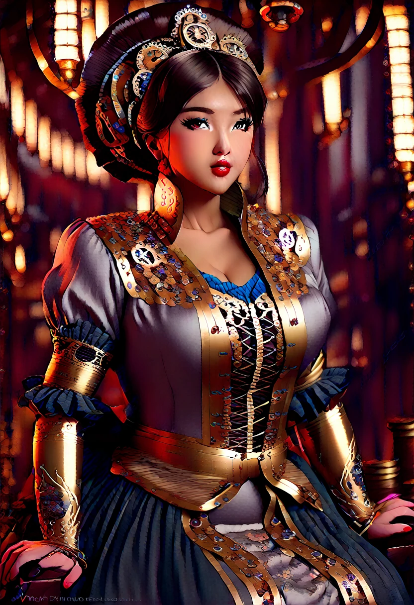 clockwork old Ben, beautiful busty Asian woman steampunk, intricate steampunk machinery, brass gears, cogs, and pipes, Victorian era fashion, moody lighting, warm color tones, highly detailed, photorealistic, masterpiece, (best quality,8k,highres,masterpiece:1.2),ultra-detailed,(realistic,photorealistic,photo-realistic:1.37)