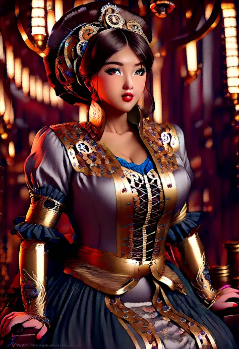 clockwork old ben, beautiful busty asian woman steampunk, intricate steampunk machinery, brass gears, cogs, and pipes, victorian...