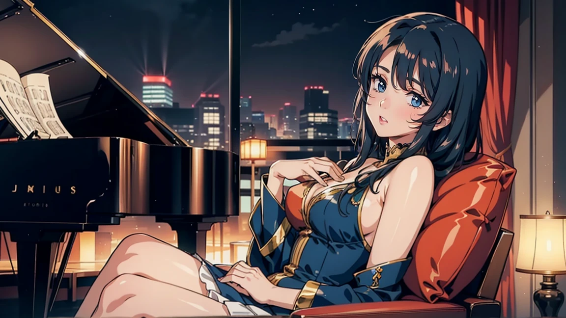 A woman playing the piano in a lounge, illustrated in a Japanese anime style. She is seated at a grand piano, her fingers gracefully moving over the keys with a serene and focused expression. She is dressed elegantly in a stylish, flowing outfit that complements the sophisticated and cozy atmosphere of the lounge. The background features plush seating, warm ambient lighting, and patrons enjoying the music. The scene captures the essence of a relaxing and enchanting evening in a vibrant anime-inspired setting.