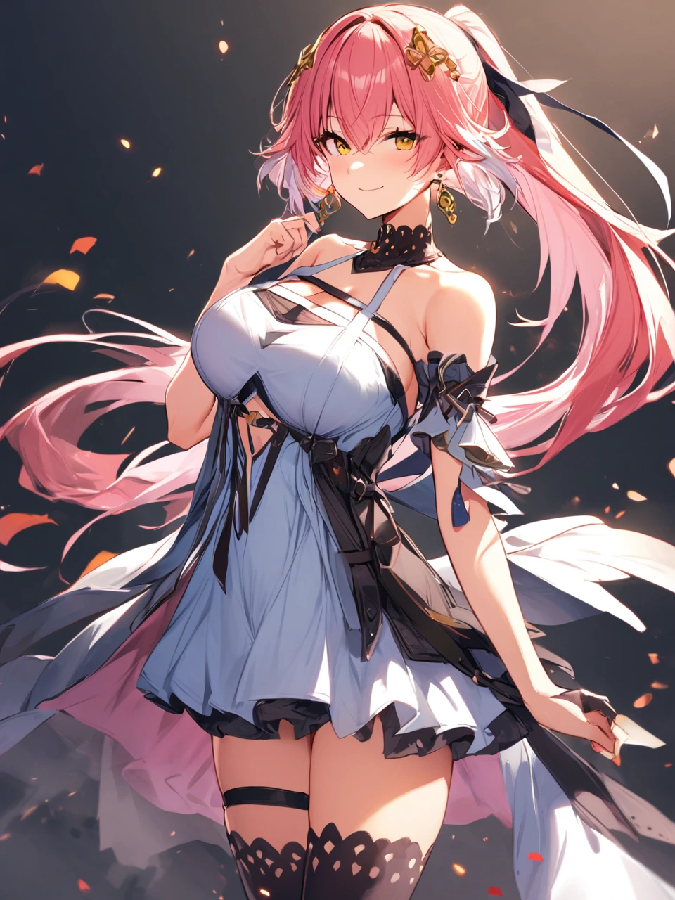 1girl, solo, long hair, breasts, looking at viewer, smile, bangs, large breasts, hair ornament, thighhighs, gloves, dress, cleavage, hair between eyes, bare shoulders, jewelry,

closed mouth, yellow eyes, ponytail, pink hair, multicolored hair, cowboy shot, earrings, white dress, thigh strap, single glove