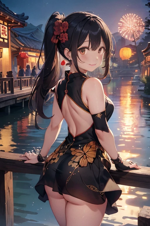 best quality,official art,Extremely detailed CG unified 8k wallpaper, (Wide-angle lens),1 girl, (Meiyu Edelfeldt),,black hair,brown eyes,seductive smile,National Science Foundation, barefoot, see through dress, Butterfly, Butterfly hair accessories, backless dress, Chinese clothes,sleeveless, twice as good,Golden dragon pattern,barefoot,full moon,Elbow gloves,Good, hair accessories,jewelry,earrings,Bead Anklet,thin legs,nail polish, medium breasts, alone, toenail polish, toe armor, toe, Double tail,outdoor,Chinese style architecture, Chinese style, lake, ancient town, Beautiful and detailed water,Red Lantern,fireworks,Thick thighs，View from behind