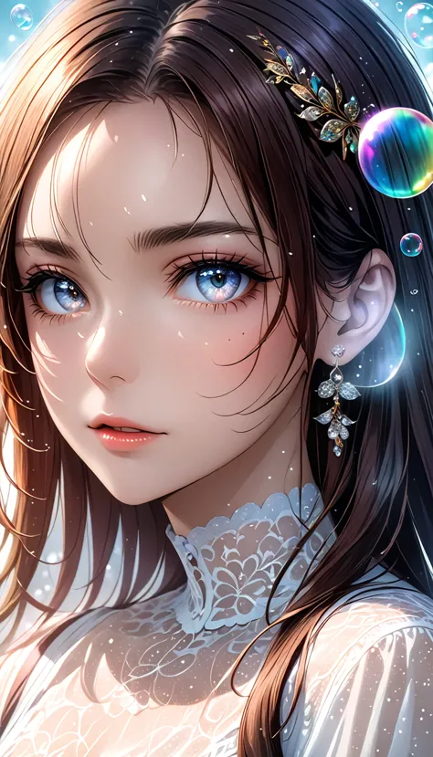 beautiful woman with seductionin her eyes, portrait, shading effects, gradation magic effects, glitter effects, soap bubbles eff...