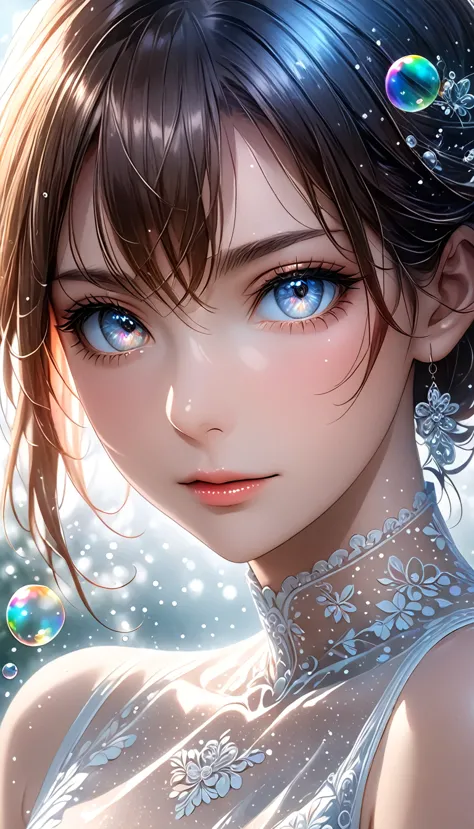 beautiful woman with seductionin her eyes, portrait, shading effects, gradation magic effects, glitter effects, soap bubbles eff...